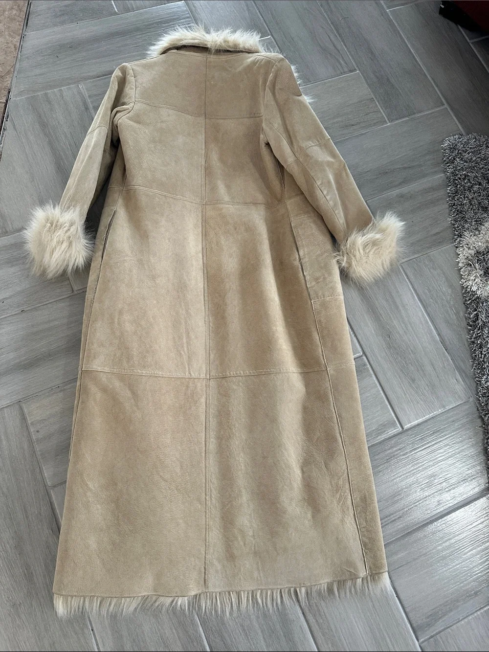 Leather Long Beige Faux Fur Trim Trench Coat - Picture 2 of 6